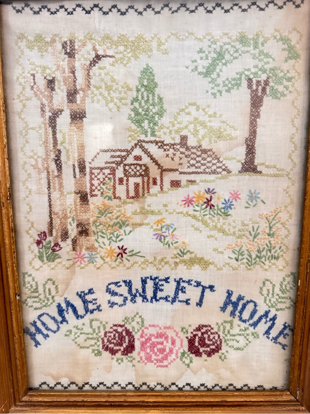 Vintage Framed “Home Sweet Home” Hand Cross Stitch Cottage Needlepoint Wall Art - Picture 3 of 6